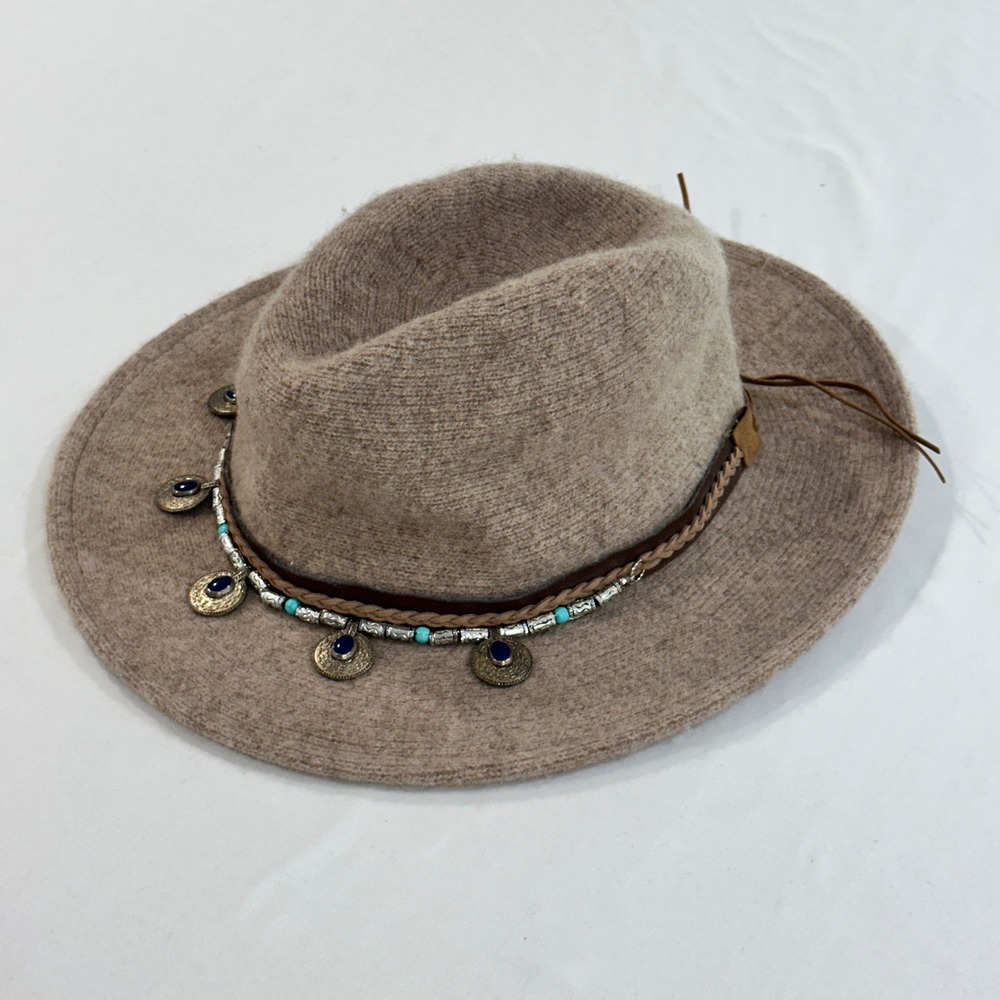 Altar'd State Wool Blend Fedora Hat Beige Beaded Coin Charm Boho Womens OS